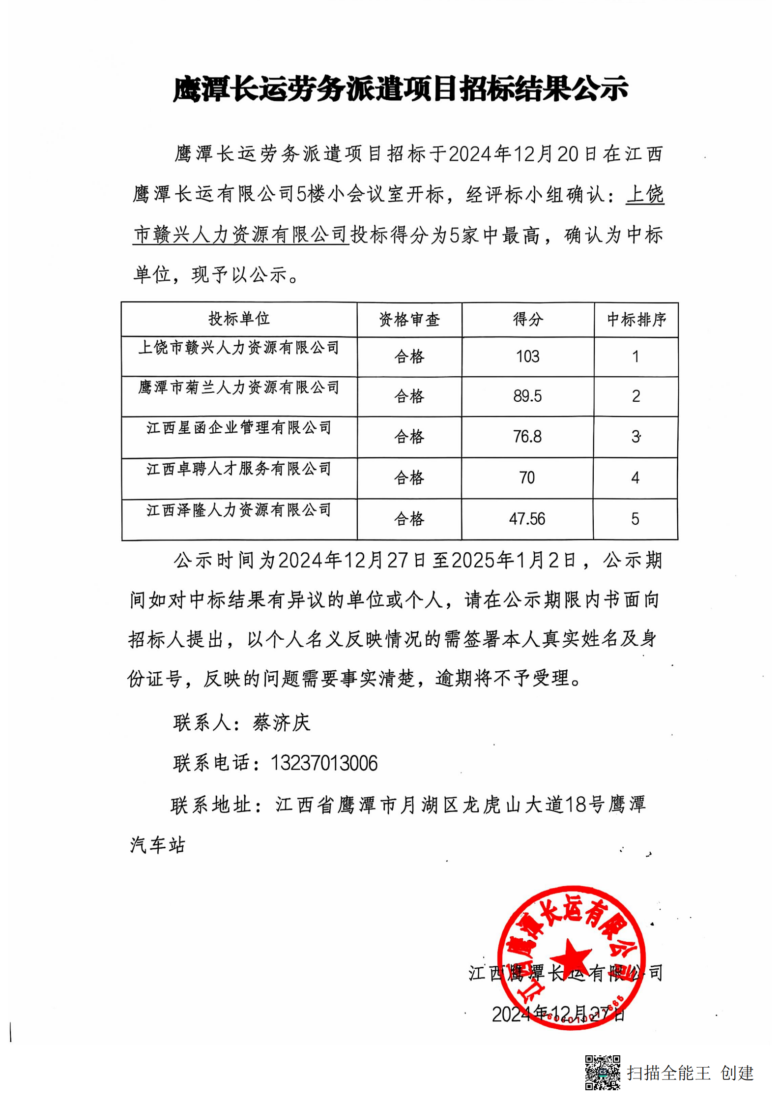 鷹潭長運勞務(wù)外包項目招標(biāo)結(jié)果公示20241227
